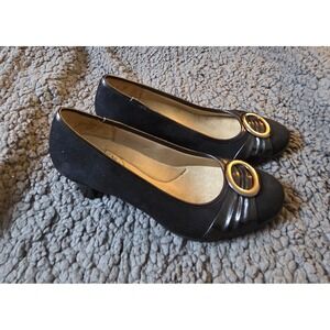 LifeStride Soft System Black Wedge Pumps Size 6 Metallic Buckle Comfort Shoes